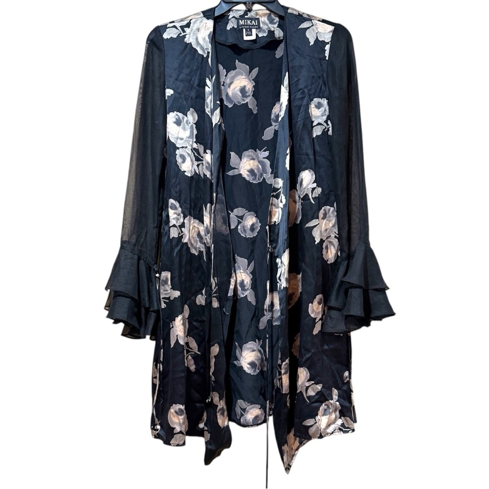 Vintage Y2K Mikai by Jerry Shabo Black Floral Long Silk Robe/ Duster/ Kimono S